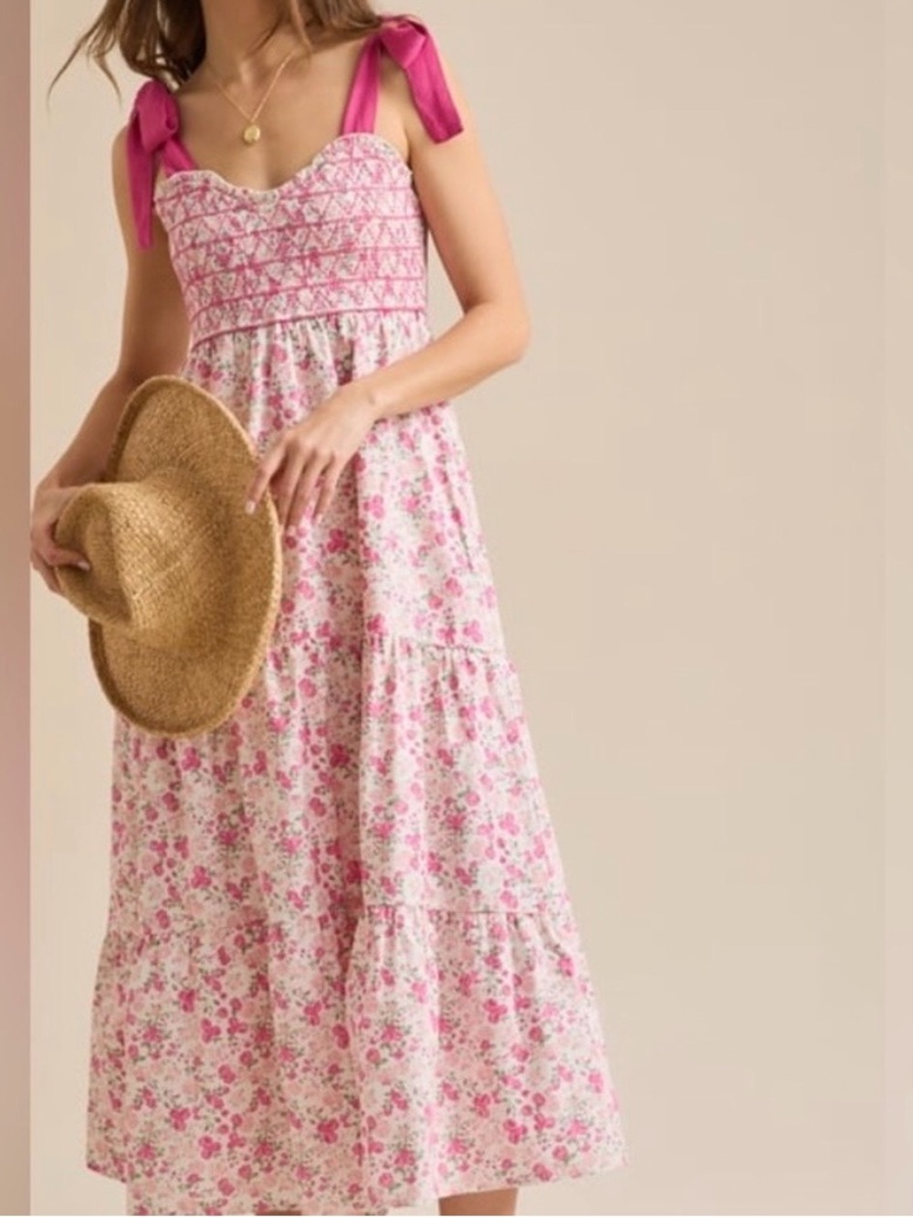 Altar'd State White and Pink Floral Smocked Dress